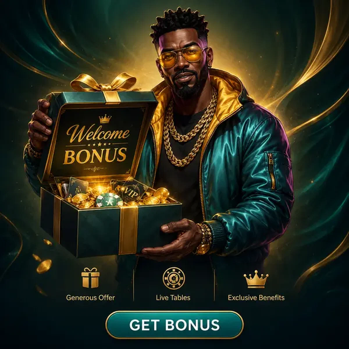 VIP host presenting Needforslots live casino welcome bonus package with golden coins