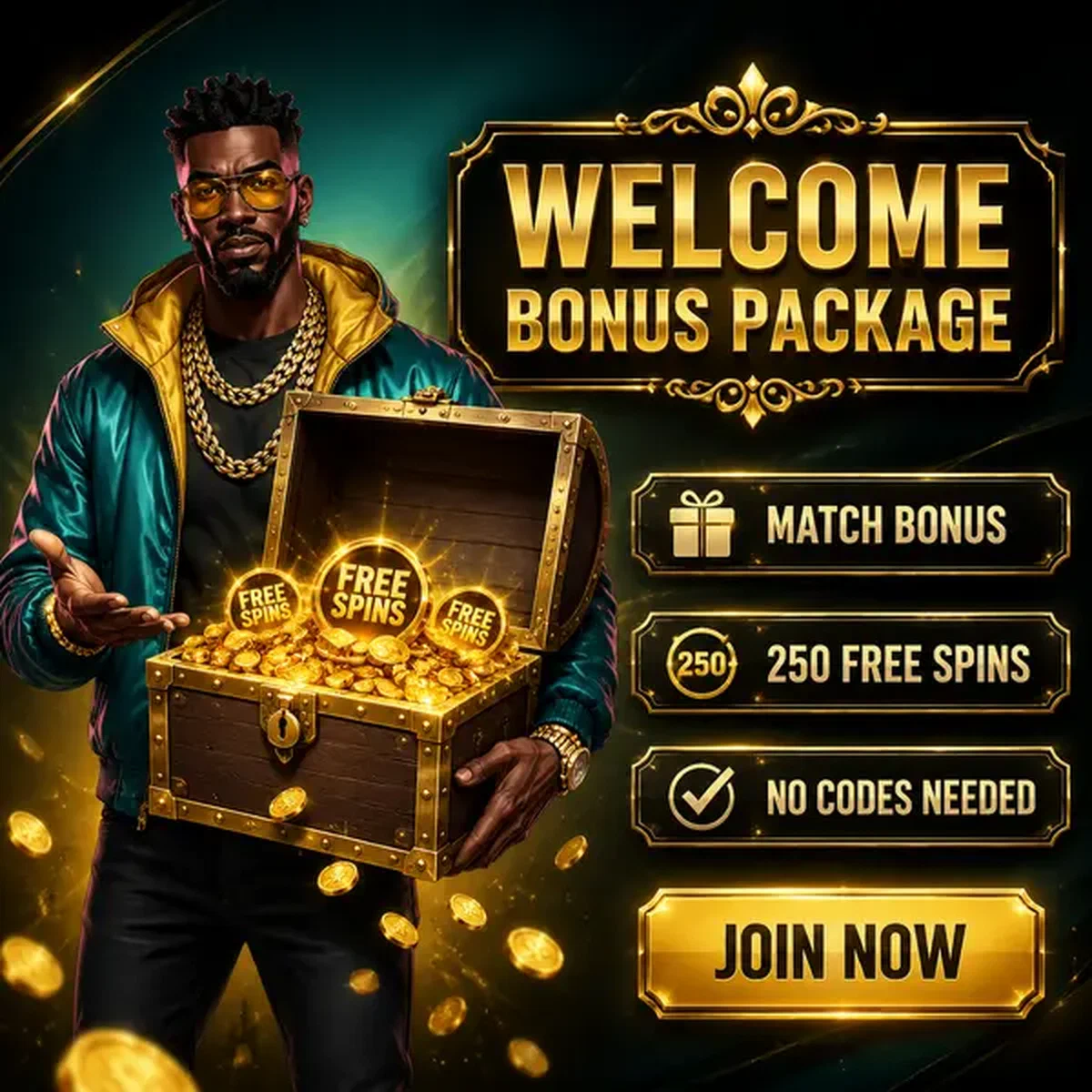 Distinguished gentleman presenting Needforslots welcome bonus treasure chest with golden coins