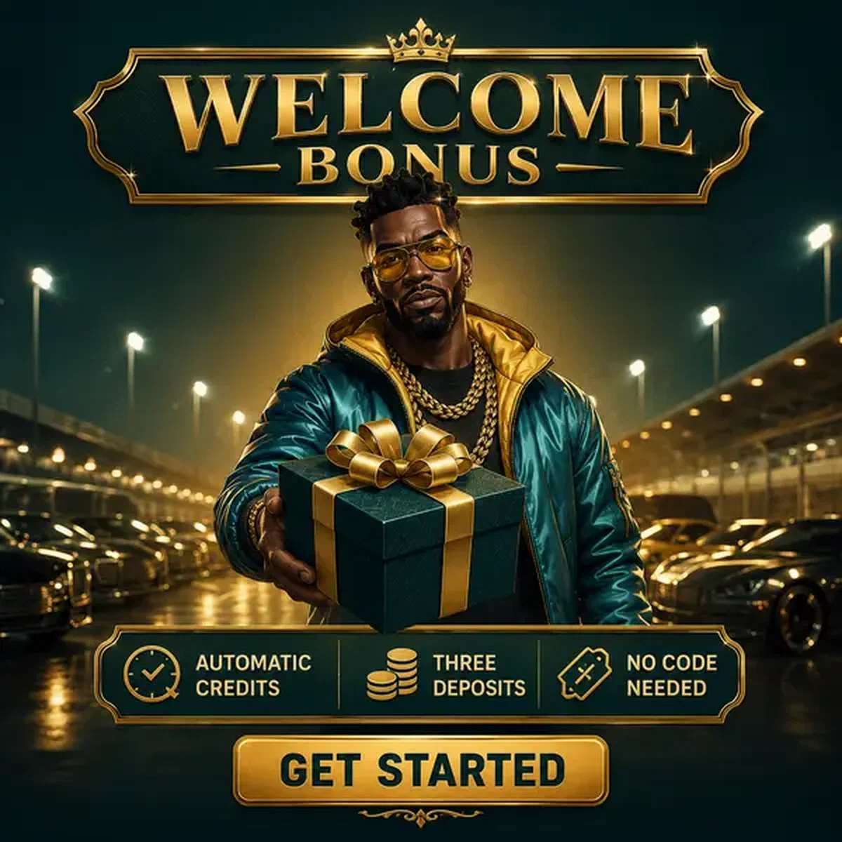 VIP benefactor presenting welcome bonus gift at Needforslots Casino login portal