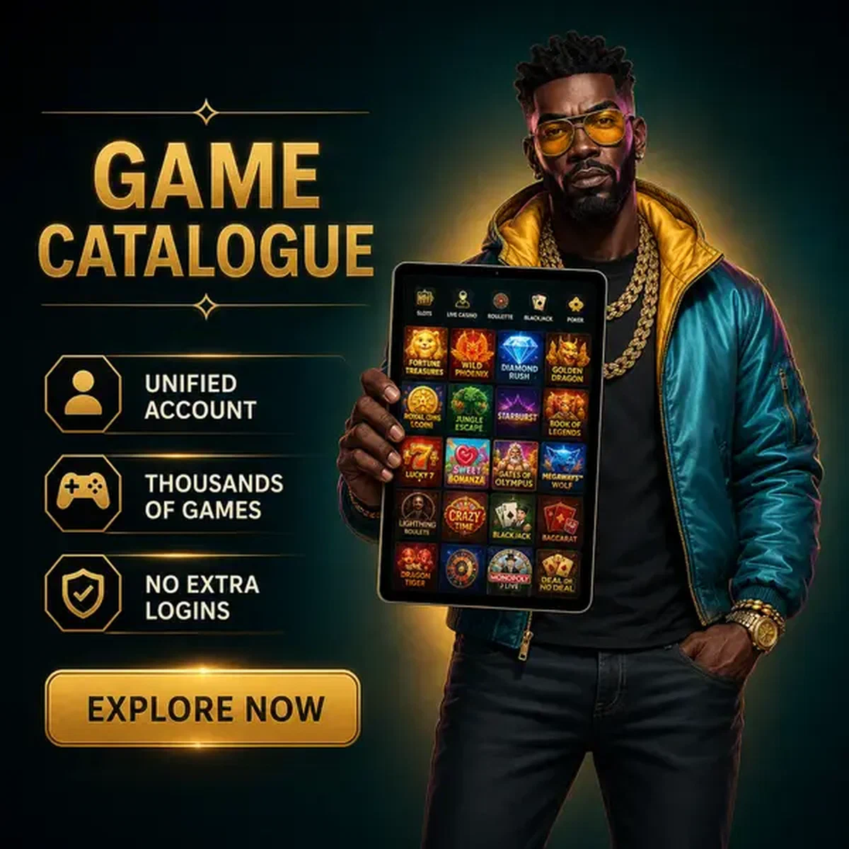 A confident man showcases thousands of games on tablet at 6,000+ Games Available from Day One signup portal