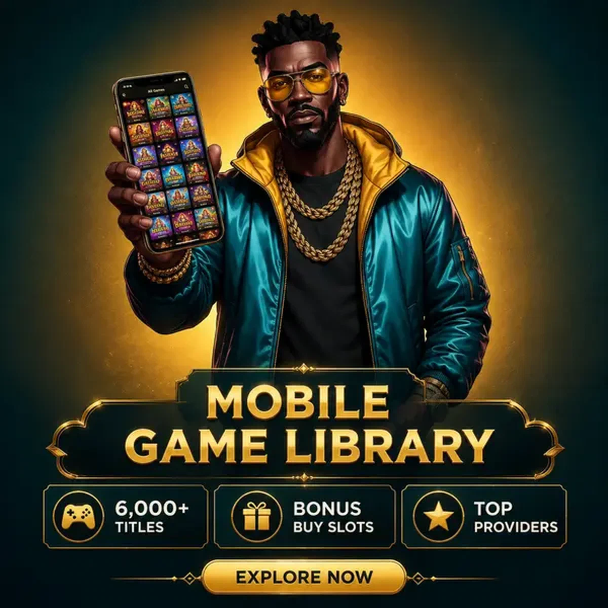 Sophisticated player showcasing [Brand] mobile app with 6,000+ games on glowing screen
