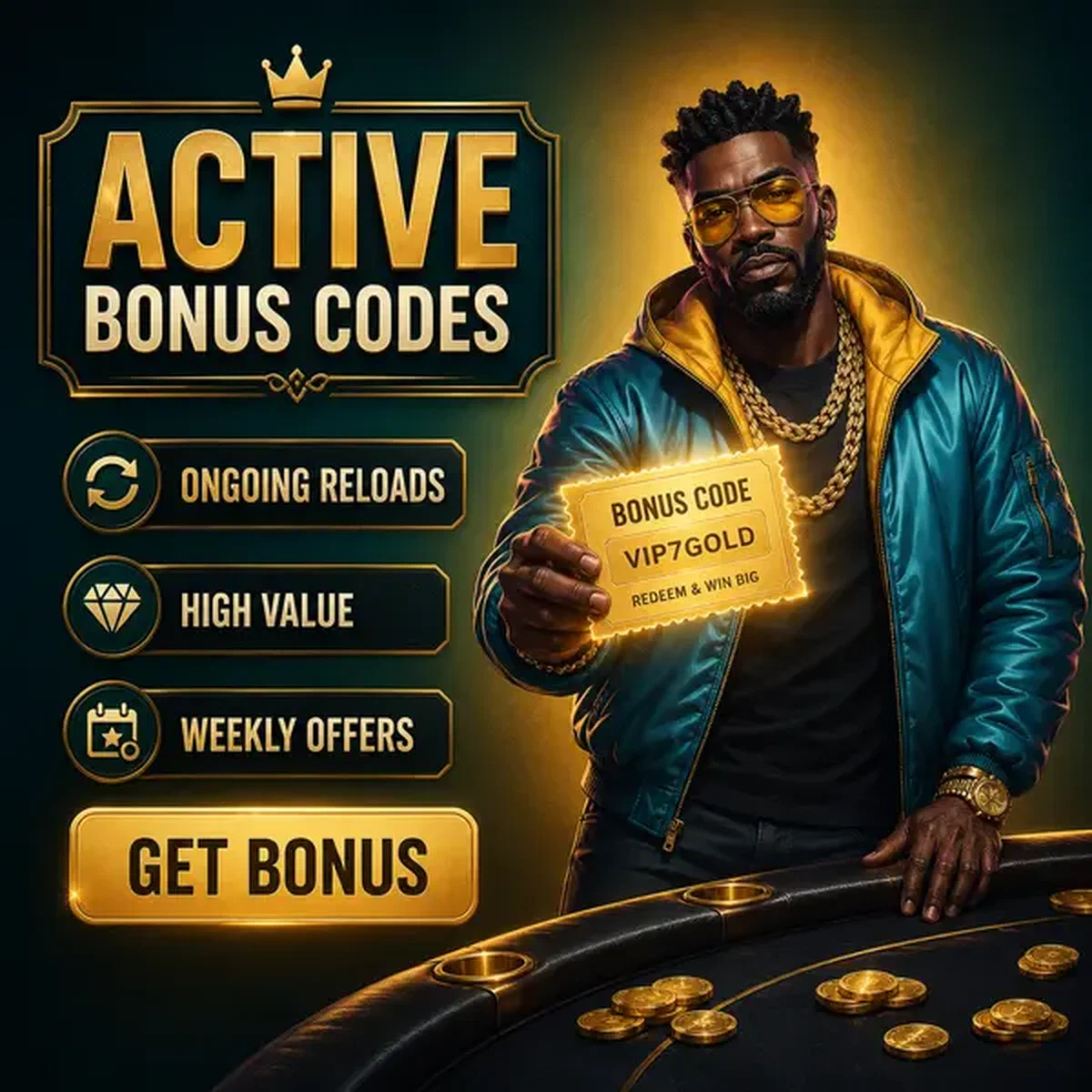 VIP promoter presenting bonus codes at luxurious Needforslots poker table with golden coins