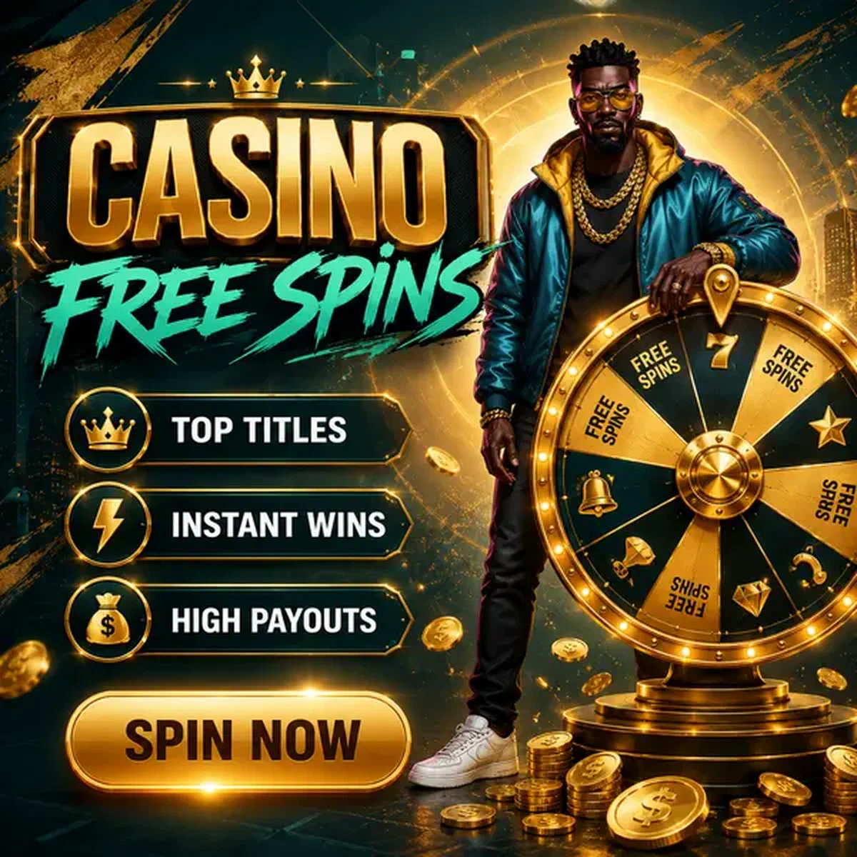 Character with golden prize wheel offering no deposit bonus at Casino Needforslots