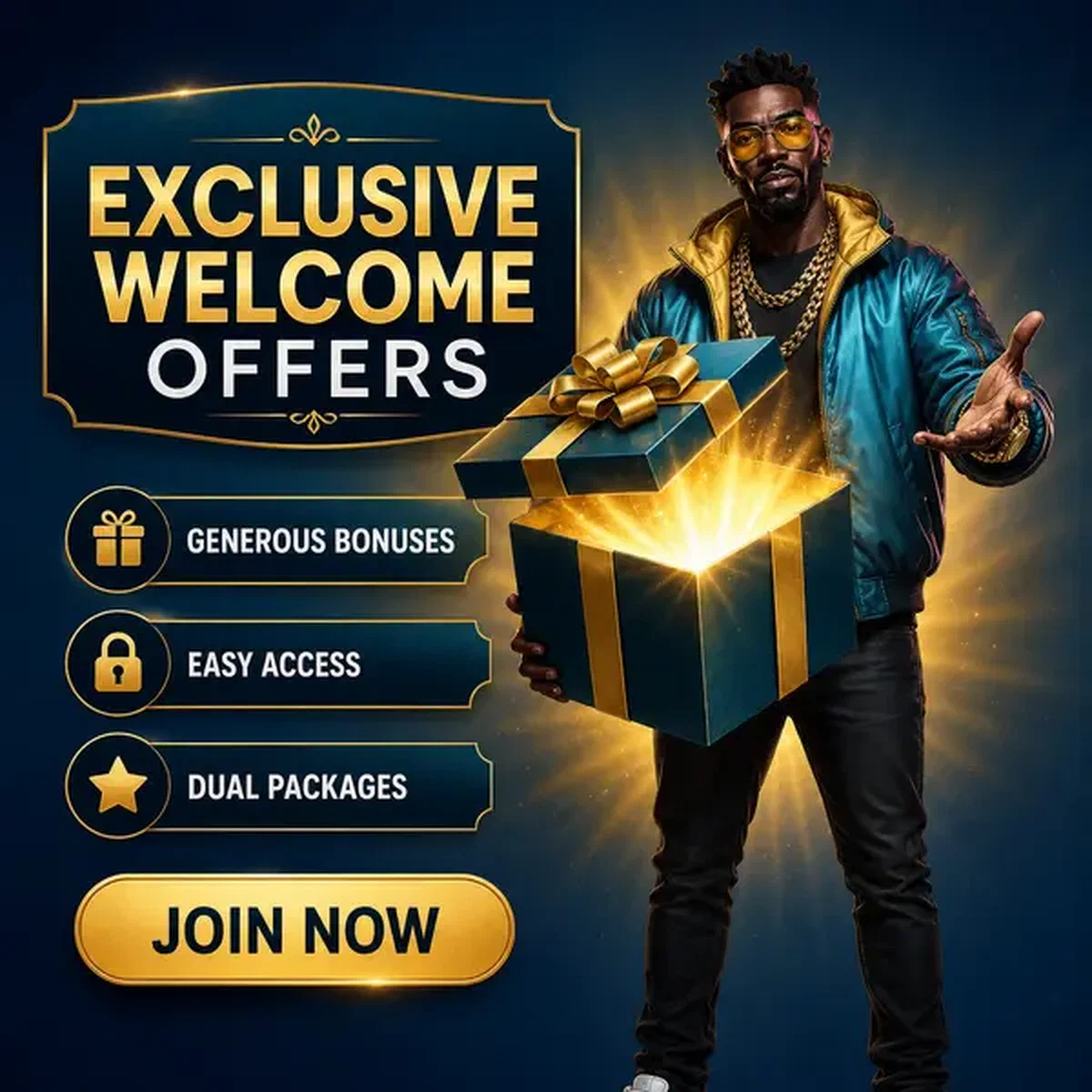 Character presents open golden gift box showcasing affiliate program benefits at Welcome Packages You'll Be Promoting