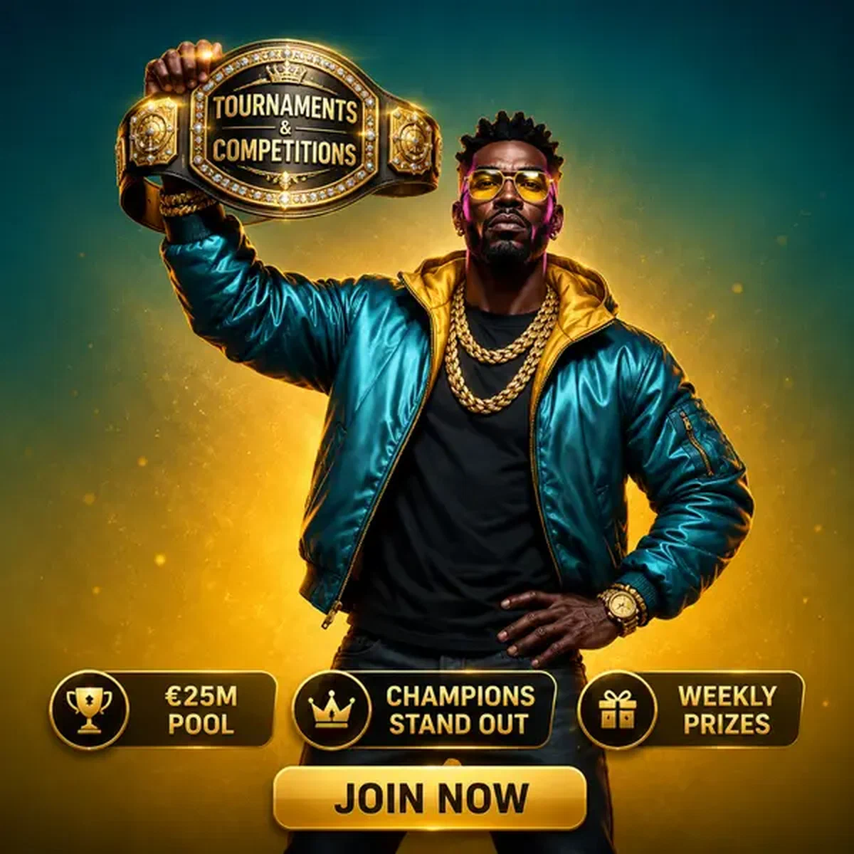 Champion holding tournament belt aloft at Needforslots competitions arena